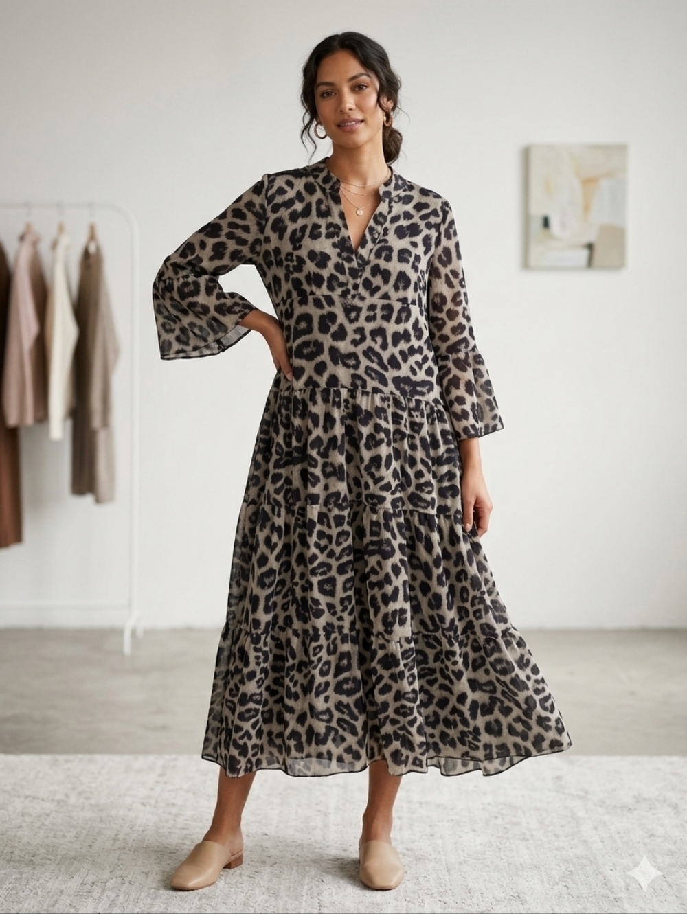 Wild Elegance Leopard Print Tiered Maxi Dress - XL Boho Ruffle Sleeve